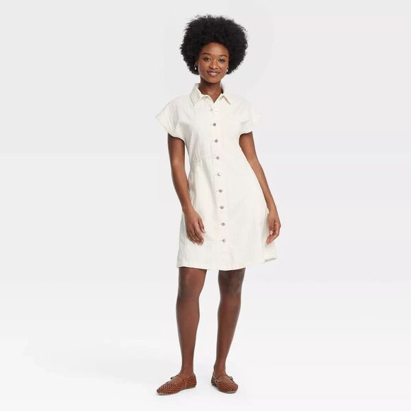 Universal Thread Women's Denim Flouncy Knee Length Dress Off-White S New w/ Tags - Picture 1 of 3